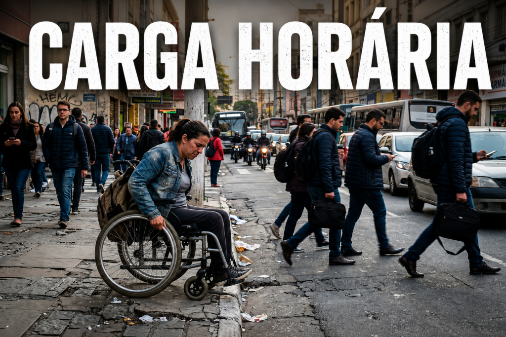 Pessoa em cadeira de rodas enfrentando dificuldades de acessibilidade em rua movimentada com o texto “CARGA HORÁRIA” em destaque.