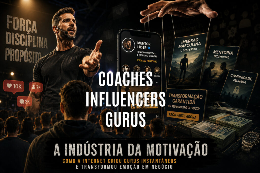 Ilustração impactante sobre a indústria da motivação mostrando gurus digitais, manipulação emocional, cursos de masculinidade e marketing emocional na internet.