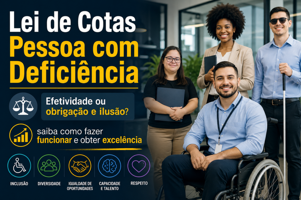 Profissional com deficiência em cadeira de rodas em ambiente corporativo representando a Lei de Cotas para Pessoas com Deficiência e a inclusão no mercado de trabalho.