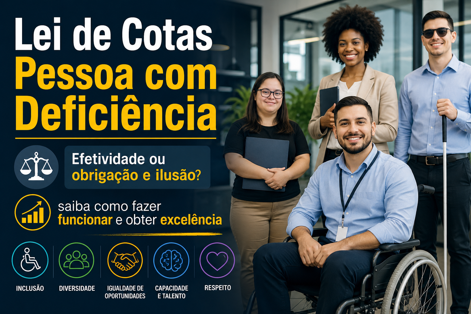Profissional com deficiência em cadeira de rodas em ambiente corporativo representando a Lei de Cotas para Pessoas com Deficiência e a inclusão no mercado de trabalho.