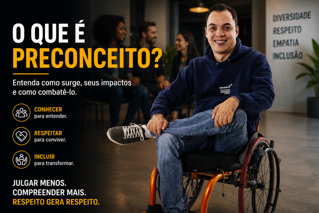 Ronaldo Denardo em cadeira de rodas falando sobre preconceito, inclusão, diversidade, respeito e acessibilidade em ambiente corporativo.