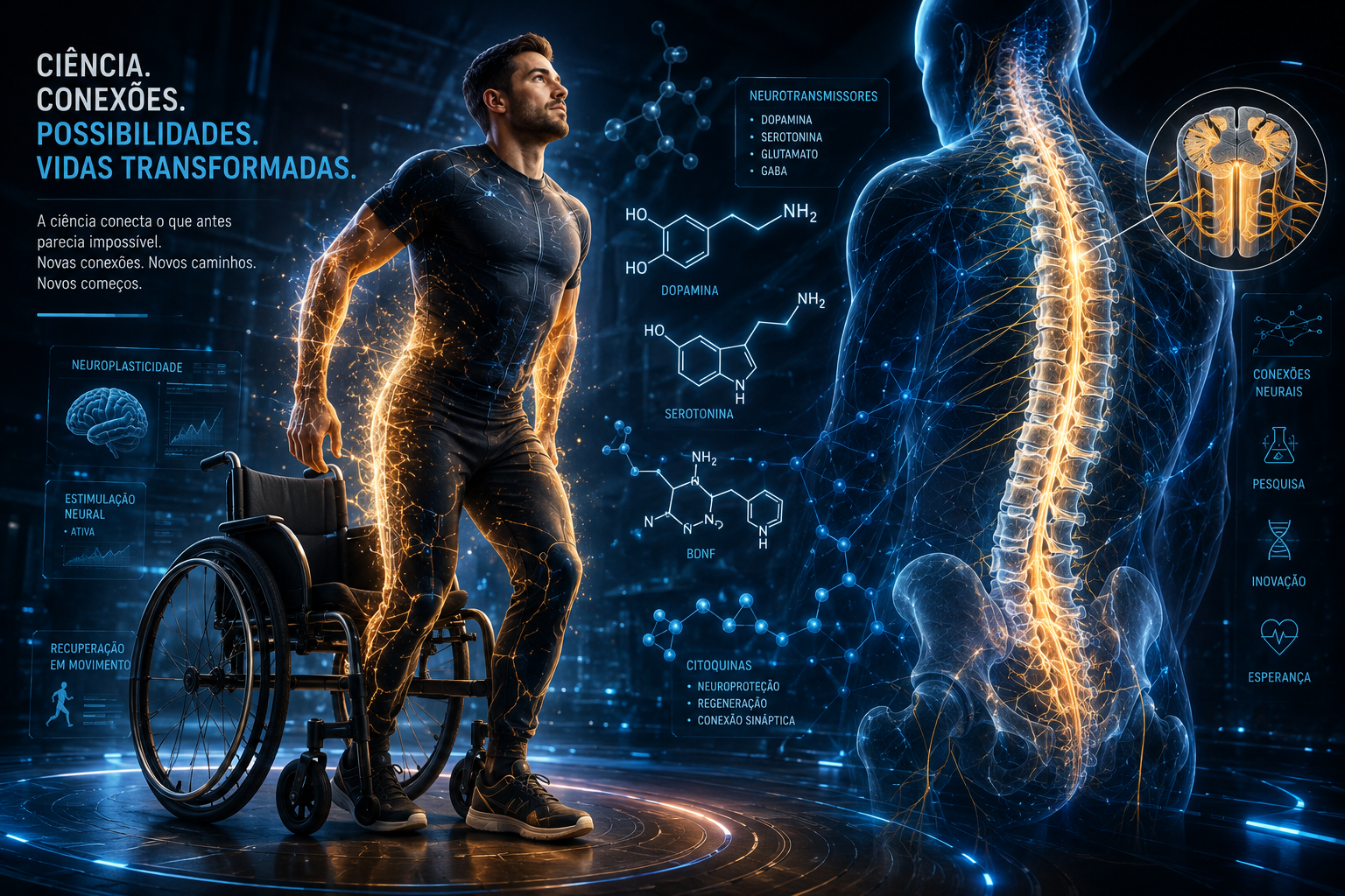 Ilustração futurista representando a regeneração da medula espinhal através da polilaminina, mostrando esperança na recuperação de lesão medular e avanços da neurociência.
