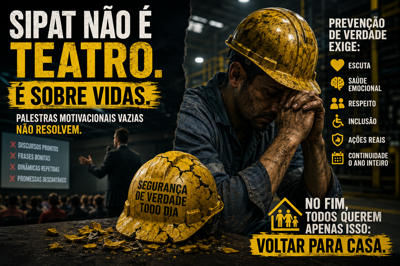 Trabalhador exausto em ambiente industrial refletindo sobre segurança emocional, prevenção de acidentes e a importância de uma SIPAT humanizada nas empresas.