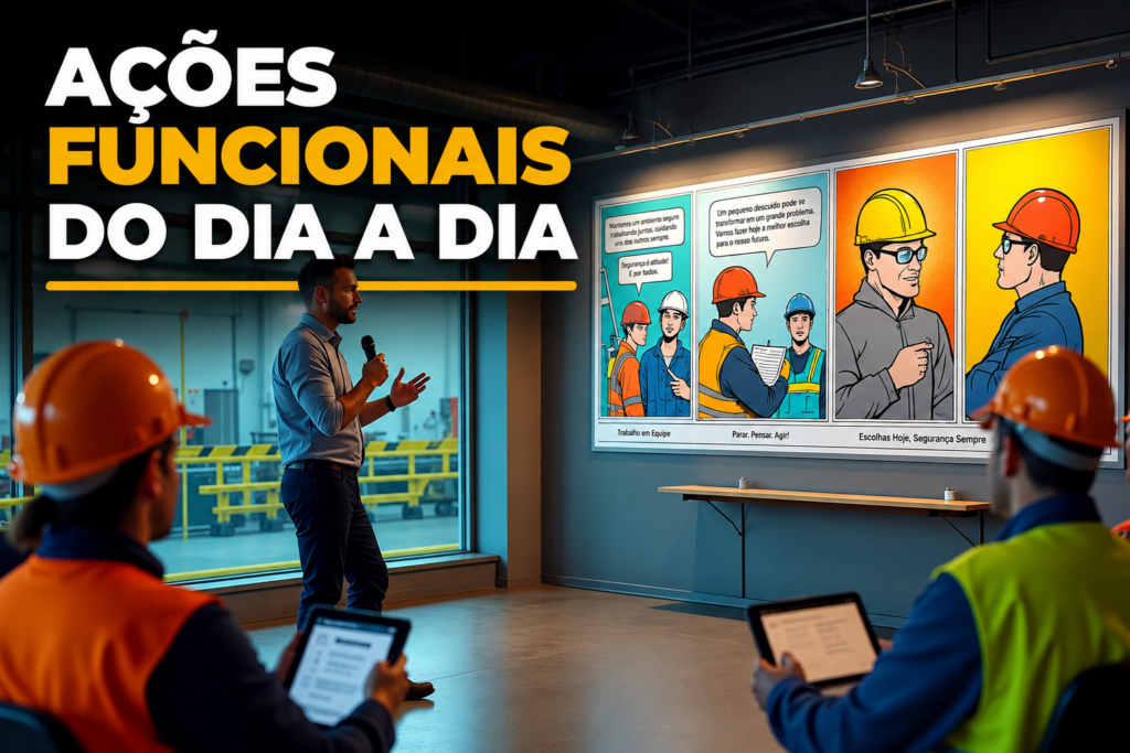 Palestrante conduz treinamento de segurança do trabalho em ambiente industrial com painel ilustrativo e o texto “AÇÕES FUNCIONAIS DO DIA A DIA”