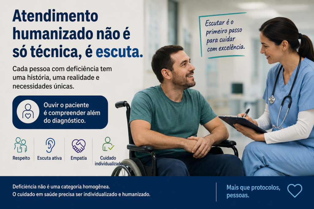 Profissional de saúde conversa com paciente cadeirante durante atendimento humanizado, destacando a importância da escuta ativa e da individualização do cuidado à pessoa com deficiência.