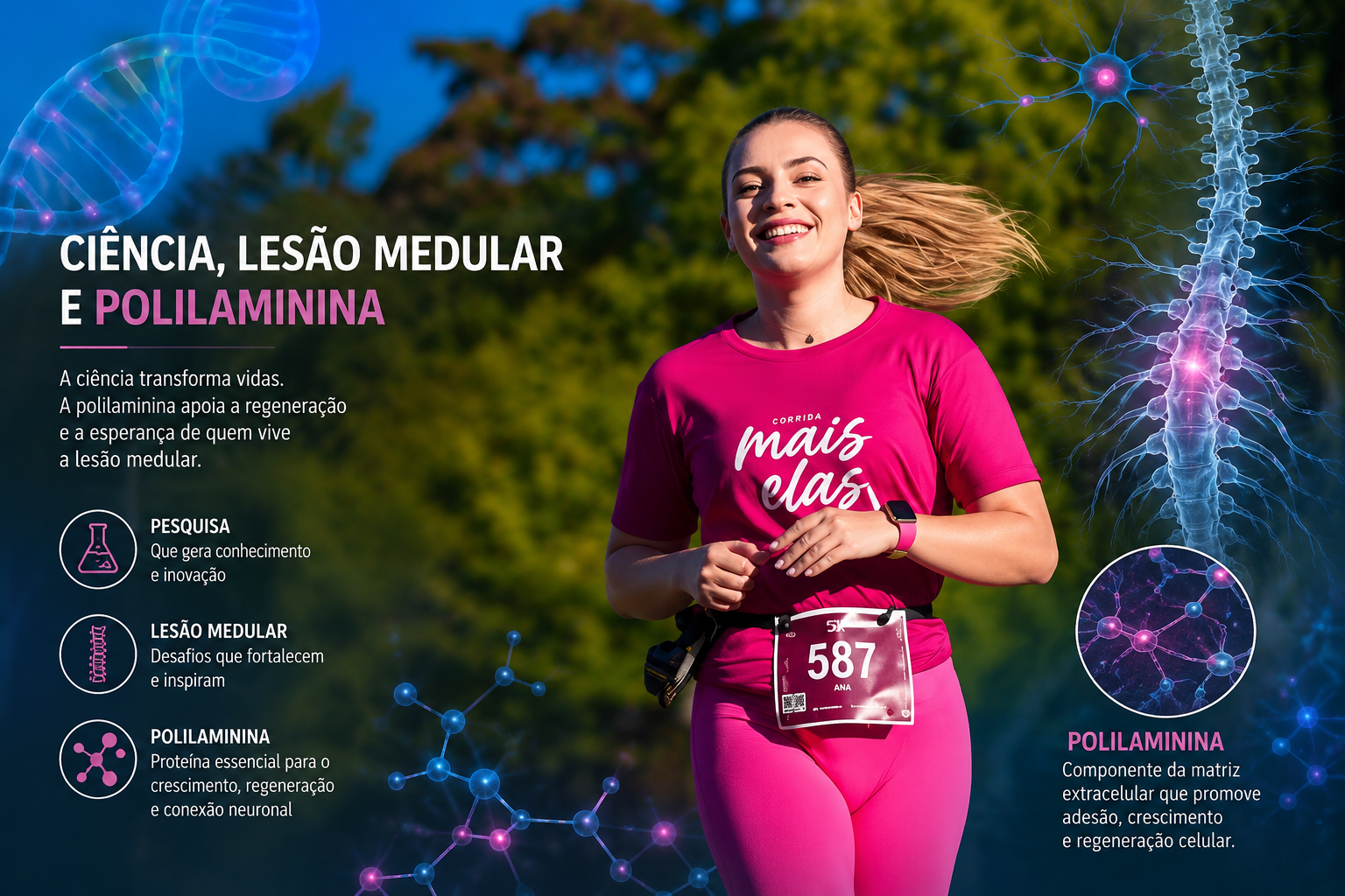 Mulher participando de corrida ao ar livre representando superação, com elementos científicos de DNA, neurônios, medula espinhal e polilaminina relacionados à pesquisa sobre lesão medular e regeneração neural.