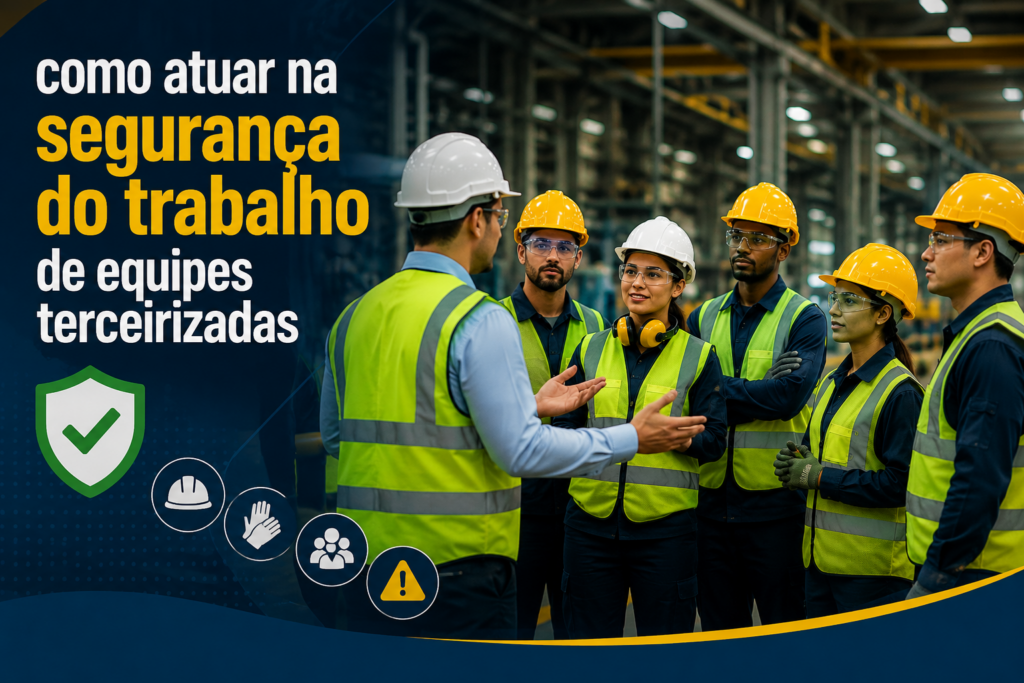 Equipe terceirizada participando de treinamento de segurança do trabalho em ambiente industrial com uso de EPIs.