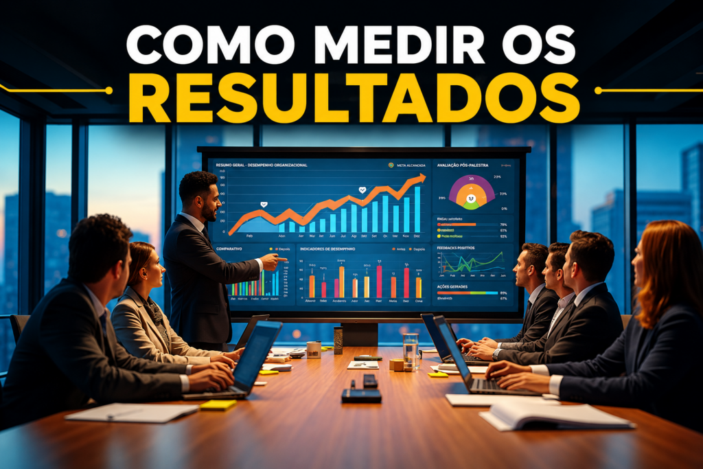 Equipe corporativa reunida em sala de reunião analisando gráficos de desempenho e resultados em uma grande tela durante apresentação empresarial.