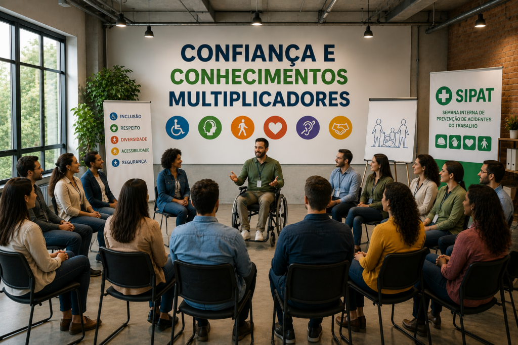 Palestrante cadeirante conduz atividade durante SIPAT inclusiva, compartilhando conhecimentos sobre acessibilidade, segurança e inclusão para uma equipe reunida em ambiente corporativo.