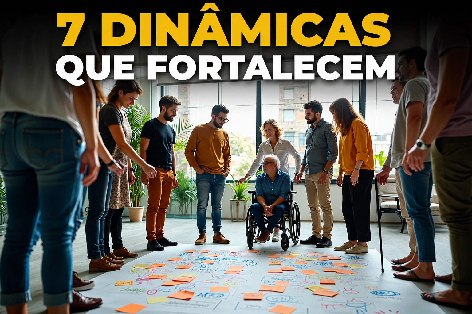 Grupo diverso de colaboradores participando de uma dinâmica de inclusão em ambiente corporativo, com destaque para uma pessoa em cadeira de rodas durante atividade colaborativa.