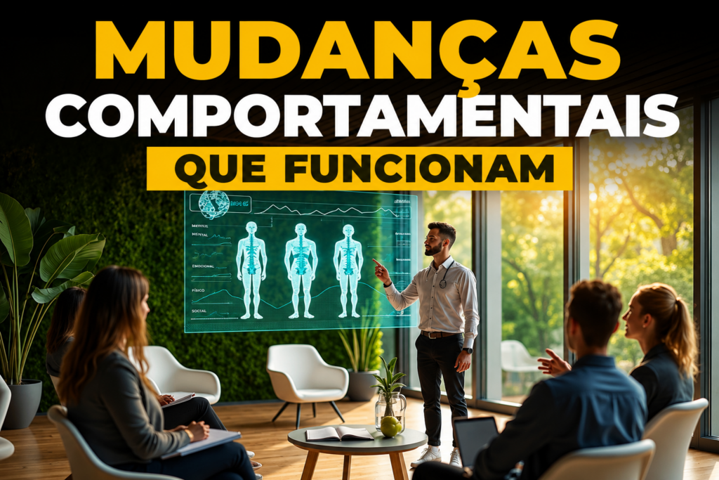Profissional apresentando estratégias de mudanças comportamentais para um grupo em ambiente corporativo moderno com painel digital interativo.