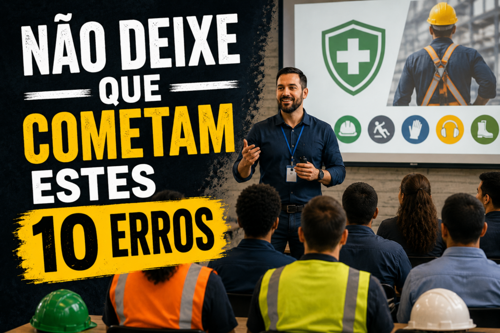 Palestrante conduz treinamento de segurança do trabalho para colaboradores em ambiente industrial, destacando os 10 erros que comprometem o sucesso de palestras de segurança.