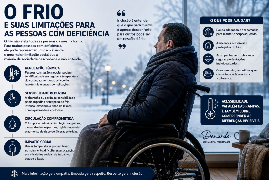 Pessoa em cadeira de rodas observando o ambiente durante um dia frio de inverno, ilustrando os impactos do frio na saúde, na autonomia e na participação social das pessoas com deficiência.