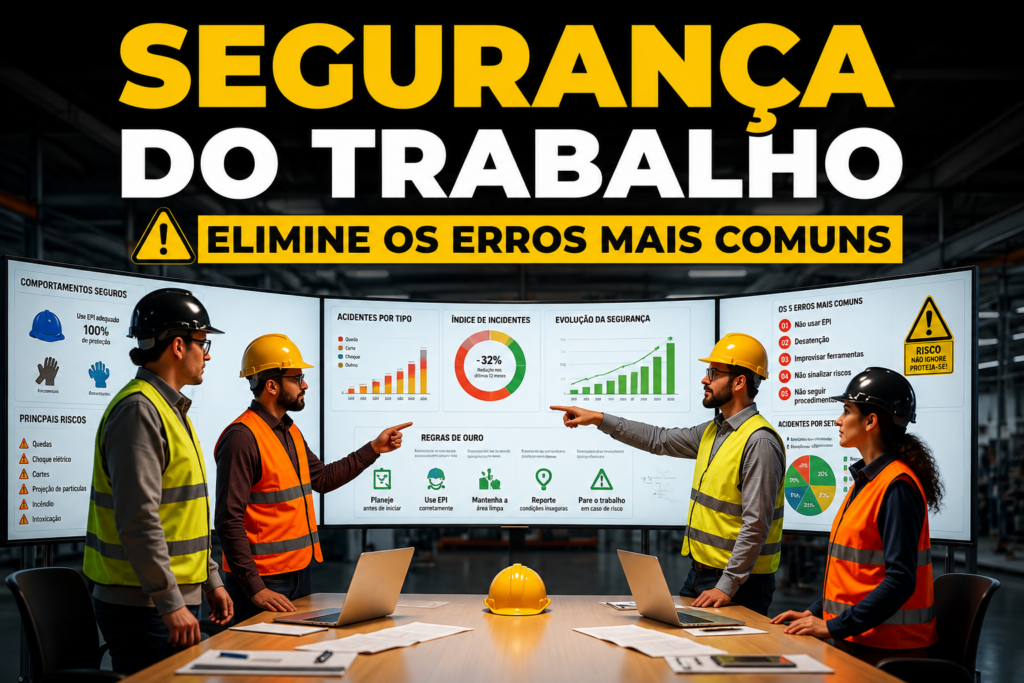 Equipe de profissionais da segurança do trabalho analisando indicadores e gráficos de prevenção de acidentes em uma sala de controle industrial.