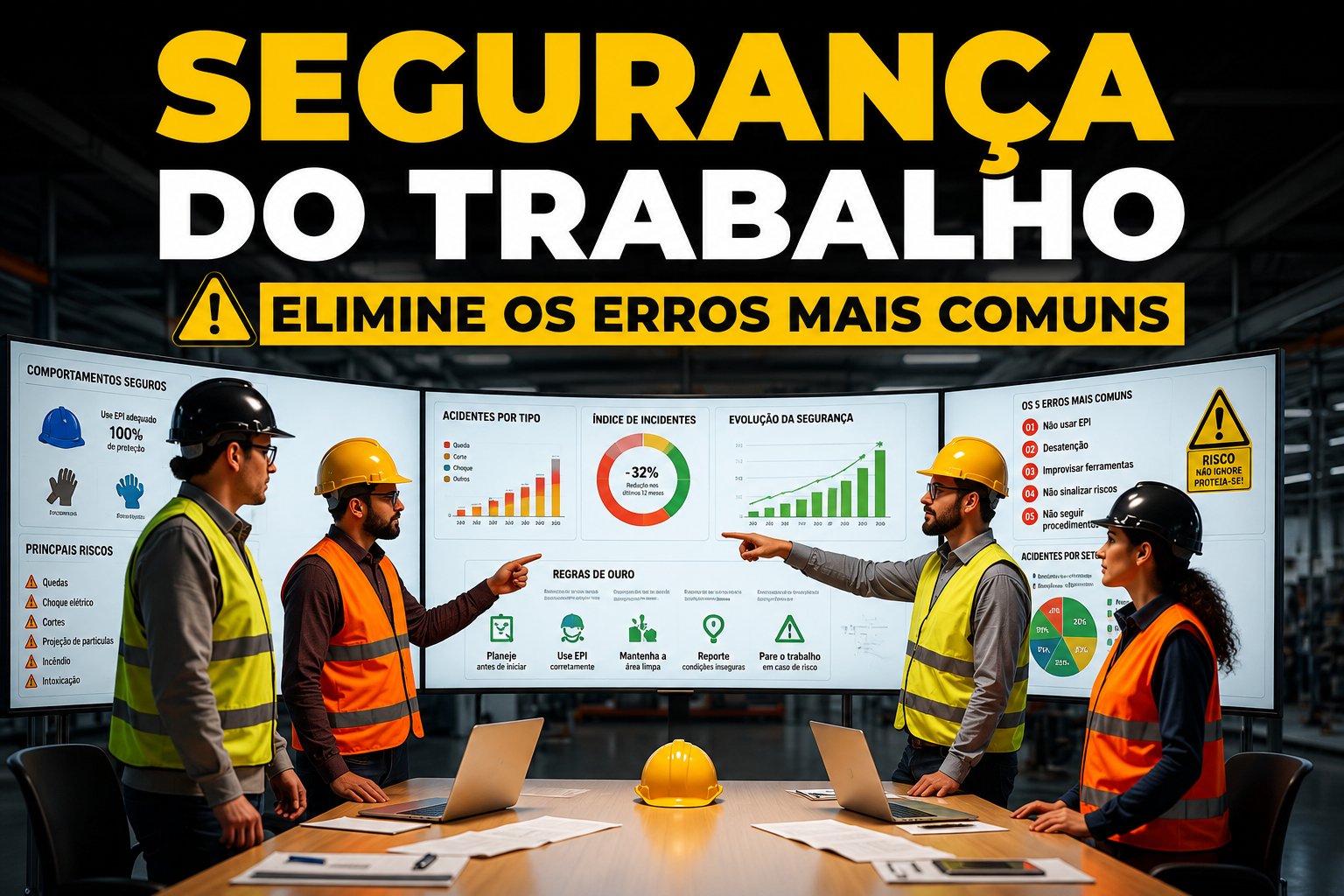 Equipe de profissionais da segurança do trabalho analisando indicadores e gráficos de prevenção de acidentes em uma sala de controle industrial.