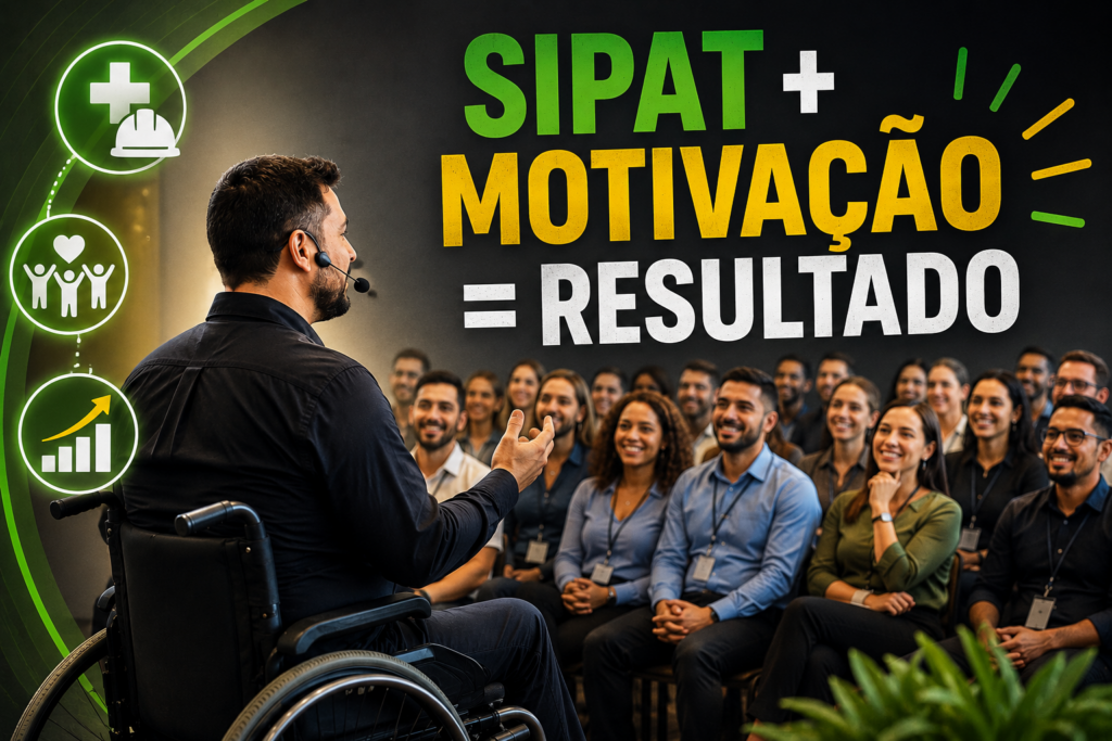 Palestrante cadeirante conduz apresentação motivacional para colaboradores em auditório corporativo, destacando a relação entre SIPAT, motivação e resultados positivos nas empresas.