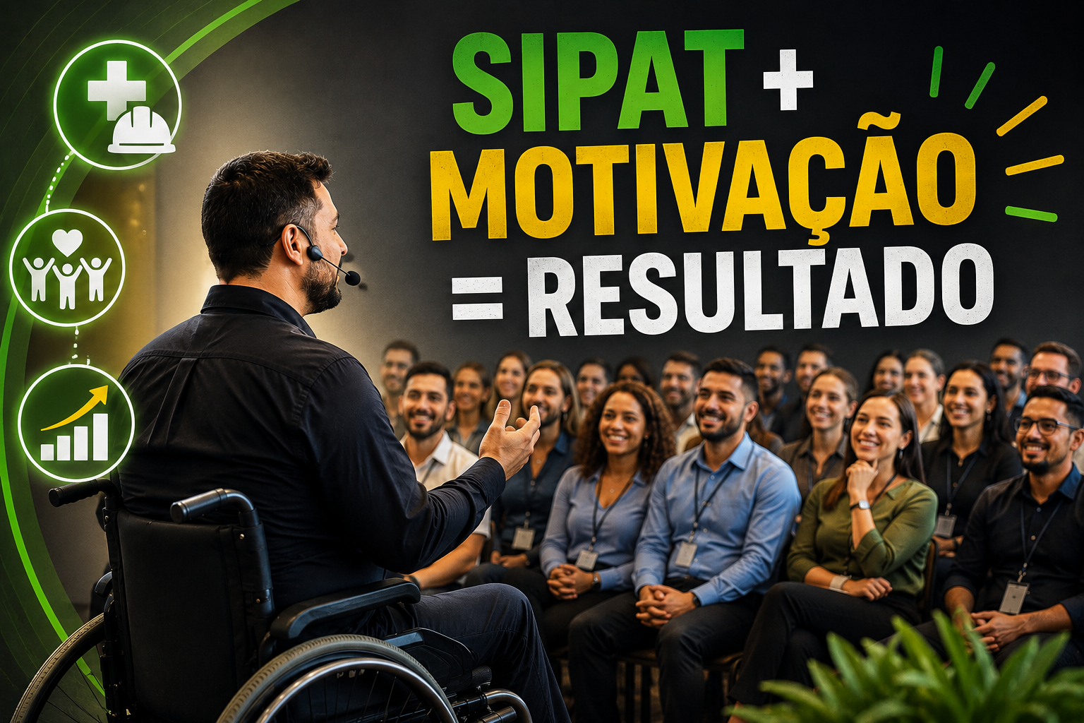 Palestrante cadeirante conduz apresentação motivacional para colaboradores em auditório corporativo, destacando a relação entre SIPAT, motivação e resultados positivos nas empresas.