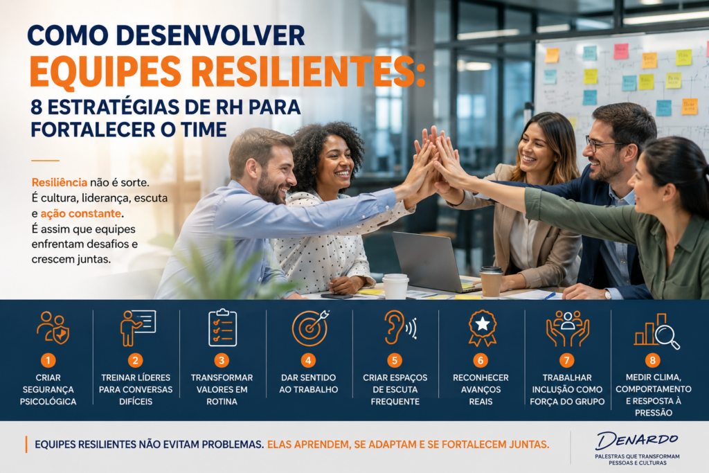 Equipe corporativa reunida demonstrando colaboração e resiliência durante reunião sobre estratégias de RH para fortalecer equipes e melhorar a cultura organizacional.