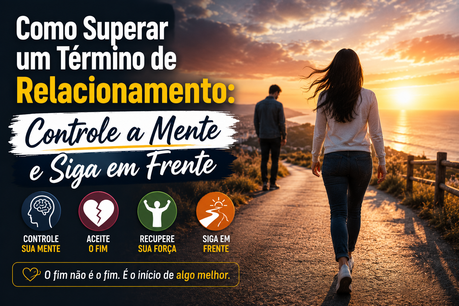Mulher caminhando em direção ao horizonte enquanto deixa um homem para trás, simbolizando a superação de um término de relacionamento, aceitação e recomeço.
