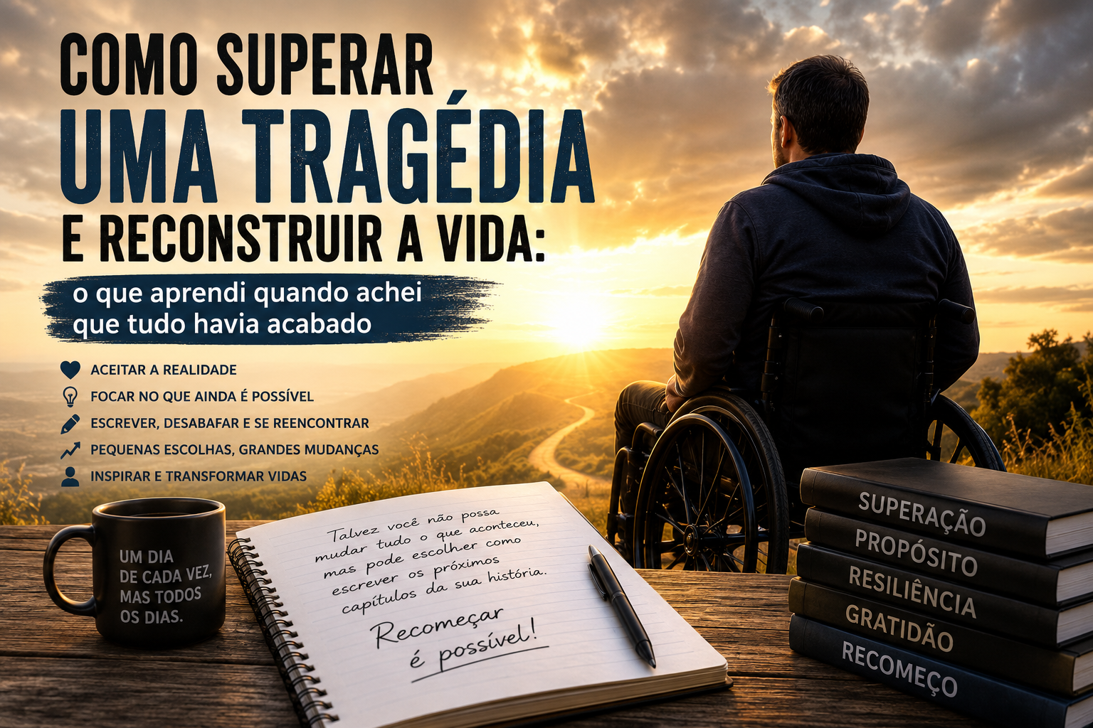 Homem em cadeira de rodas contemplando o nascer do sol, representando a superação de uma tragédia, a reconstrução da vida e a esperança após um acidente.