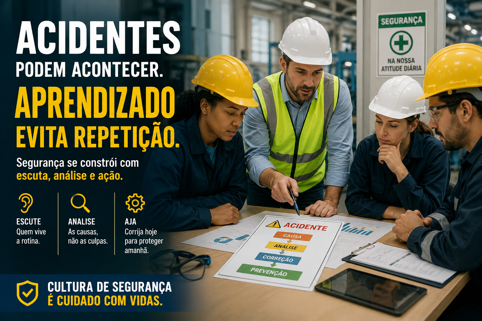 Equipe reunida em ambiente industrial analisando um acidente de trabalho para fortalecer a cultura de segurança e prevenir novas ocorrências.