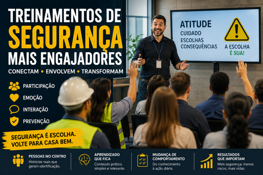Treinamento de segurança com colaboradores participando ativamente de uma palestra sobre prevenção de acidentes e cultura de segurança no trabalho.