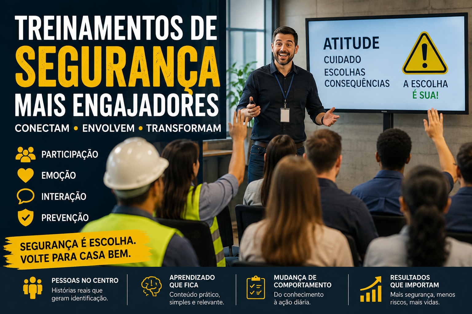 Treinamento de segurança com colaboradores participando ativamente de uma palestra sobre prevenção de acidentes e cultura de segurança no trabalho.