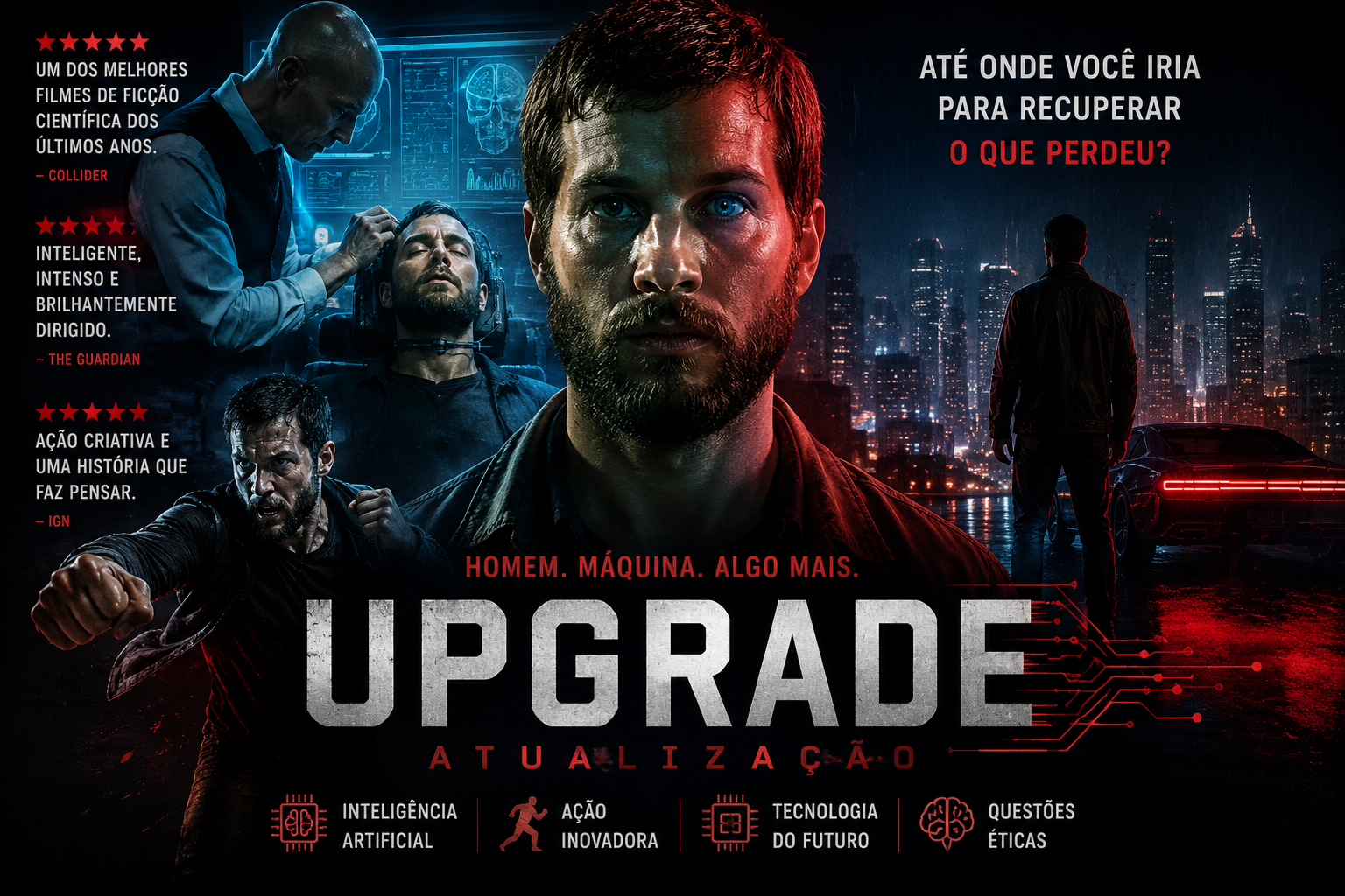 Arte inspirada no filme Upgrade (Atualização), destacando elementos de inteligência artificial, tecnologia futurista e ação em um cenário cyberpunk.