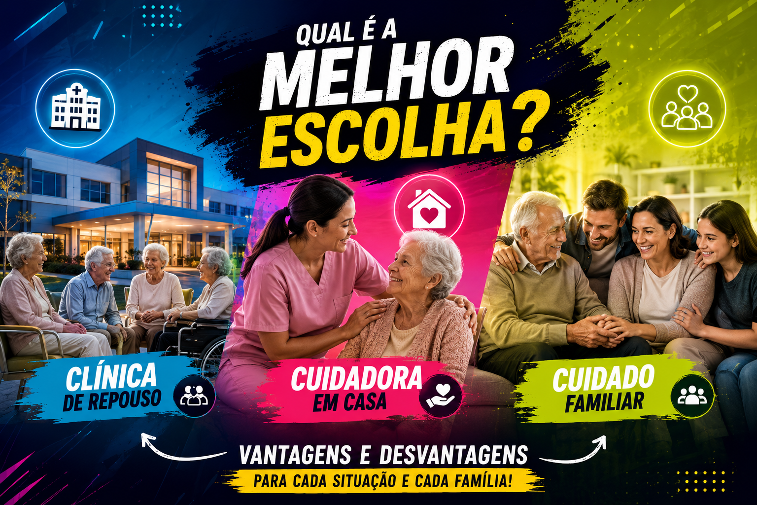 Cuidadora, clínica de repouso e familiares representando diferentes opções de cuidado para idosos e pessoas que precisam de assistência.