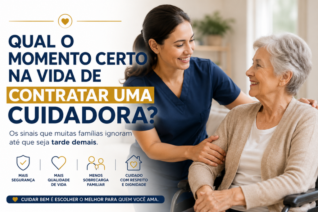 Cuidadora conversando com uma idosa em casa, representando o momento certo de contratar uma cuidadora para oferecer mais segurança, autonomia e qualidade de vida.