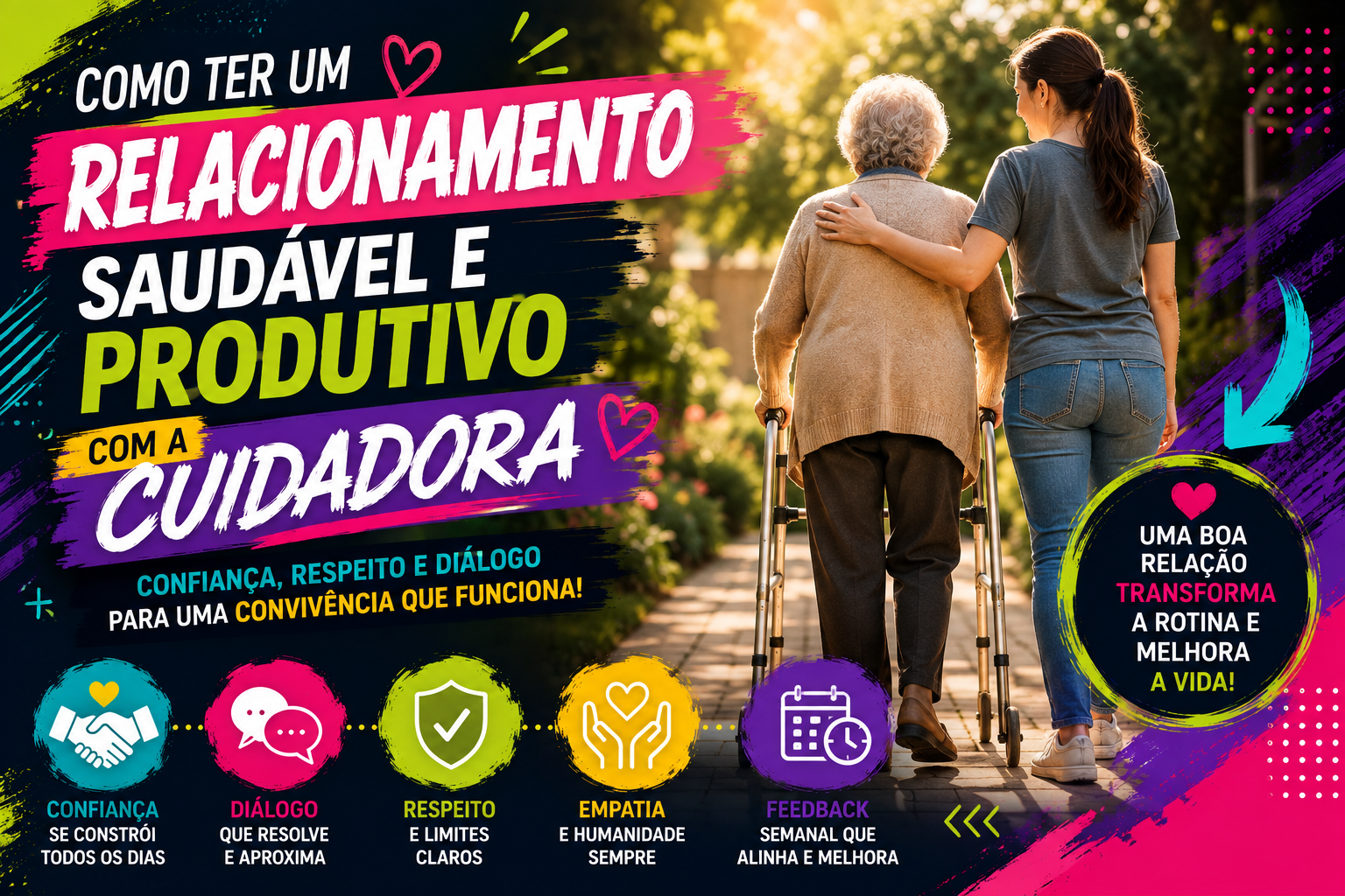 Idosa caminhando com andador ao lado de uma cuidadora jovem, com a mão no ombro, simbolizando confiança, amizade e respeito.