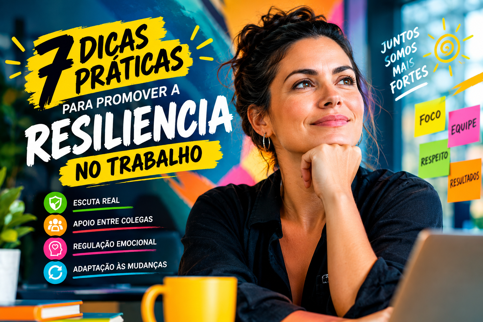 7 dicas práticas para promover a resiliência no trabalho, com profissionais em ambiente corporativo e elementos visuais sobre apoio, equilíbrio emocional e adaptação.