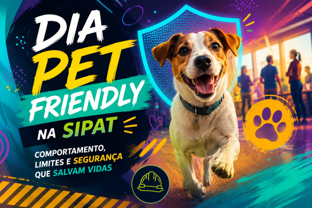 Cachorro em destaque em uma arte moderna e colorida sobre Dia Pet Friendly na SIPAT, relacionando comportamento, limites e segurança no trabalho.