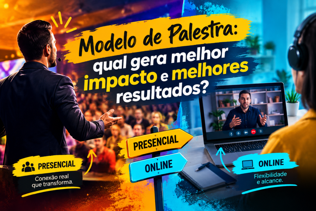 Palestra presencial ou online: comparação entre conexão humana, interação, flexibilidade e alcance para empresas.