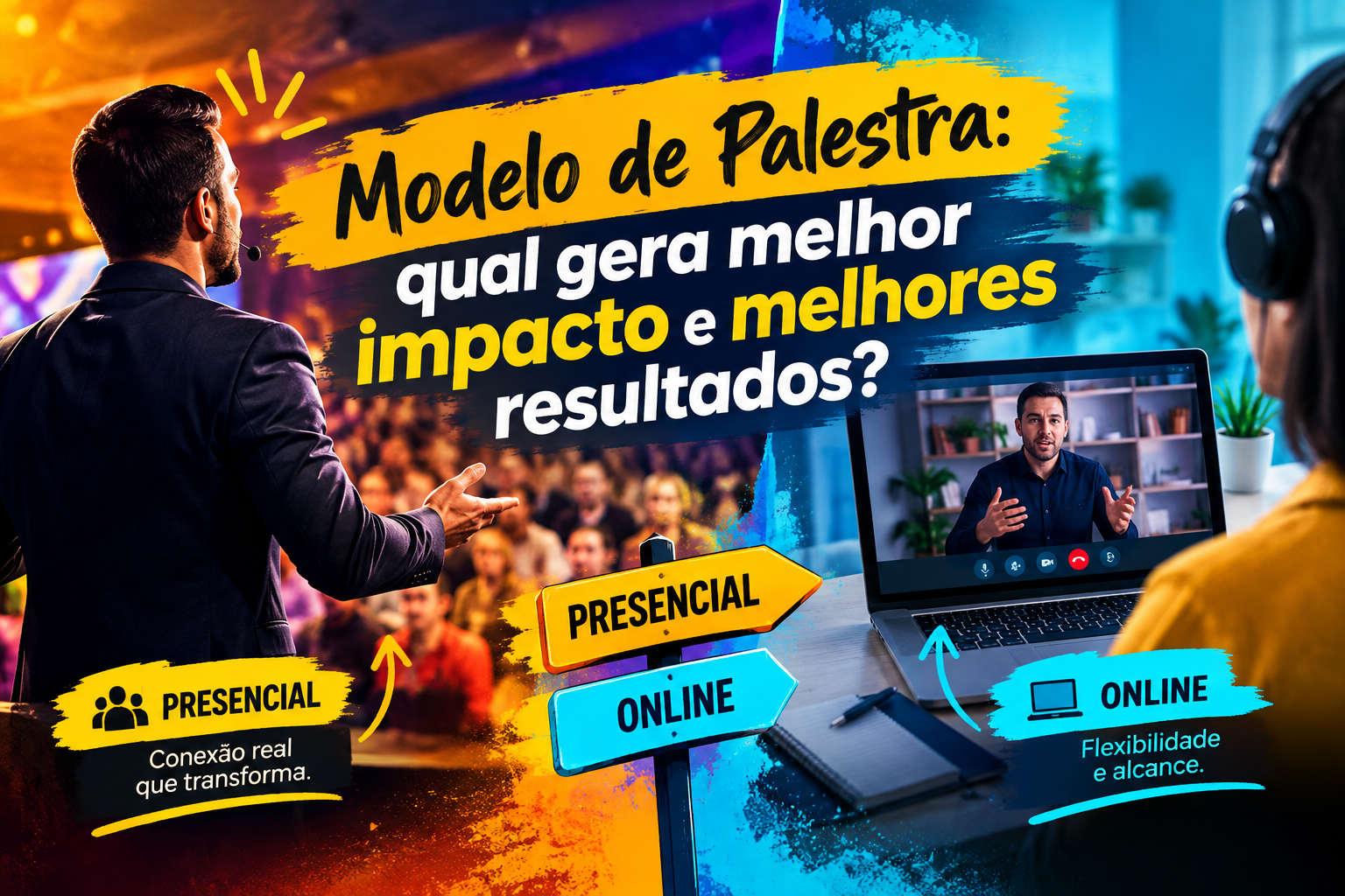 Palestra presencial ou online: comparação entre conexão humana, interação, flexibilidade e alcance para empresas.