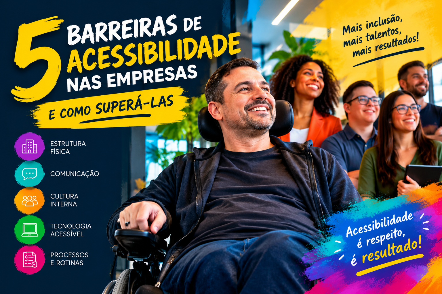 Cinco barreiras de acessibilidade nas empresas: estrutura física, comunicação, cultura interna, tecnologia acessível e processos de gestão.