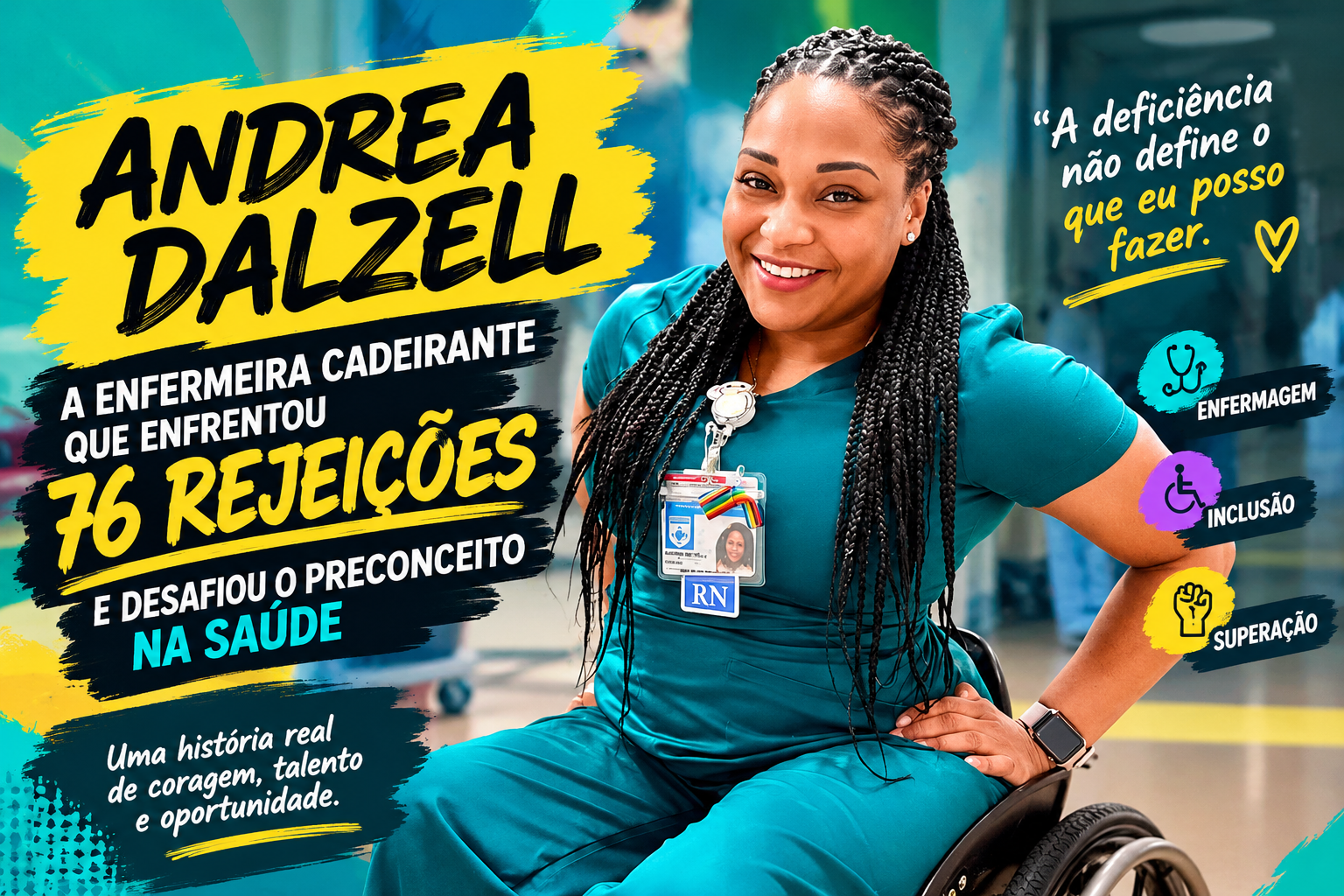 Enfermeira Andrea Dalzell, cadeirante, vestindo uniforme verde-azulado em ambiente hospitalar, símbolo de inclusão e superação do preconceito na saúde.