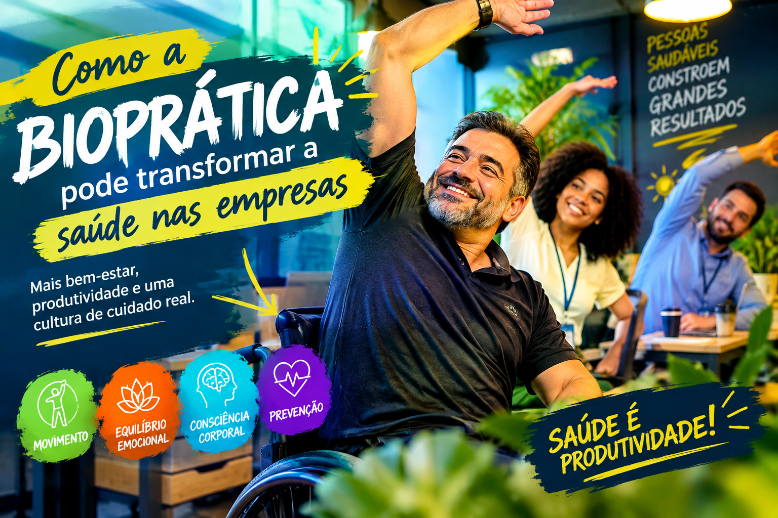 Bioprática nas empresas promovendo saúde, equilíbrio, consciência corporal e qualidade de vida no ambiente de trabalho.