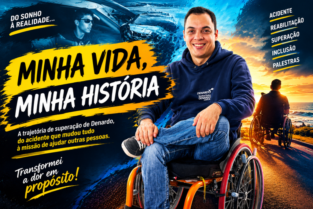 Denardo em cadeira de rodas, contando sua história de superação após um acidente e sua missão de promover inclusão e prevenção.