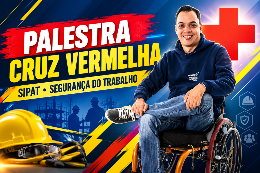Palestrante Denardo em cadeira de rodas na divulgação da Palestra Cruz Vermelha para SIPAT, com foco em prevenção de acidentes, uso consciente de EPIs e segurança do trabalho.